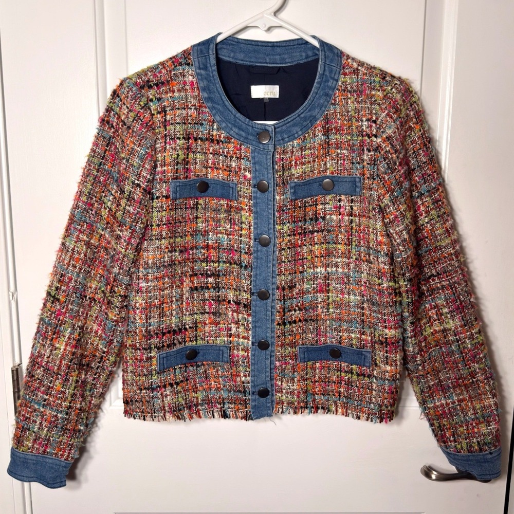 Ecru Tweed Jacket Denim Trim Multi Color Boucle Button Front Workwear Small